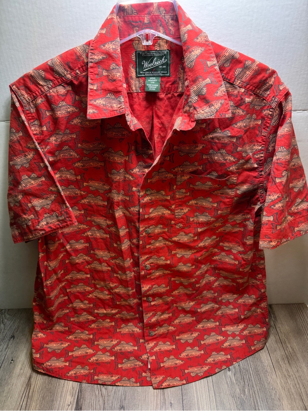 Vintage Woolrich Hawaiian Shirt Men’s L Red AOP Fish Resort Cruise Wear Casual